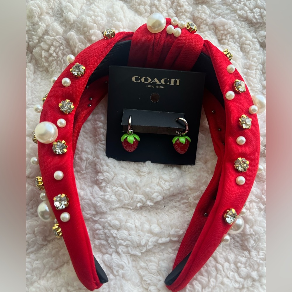 Coach strawberry huggie earrings and handmade Red Pearl Embellished Headband NWT